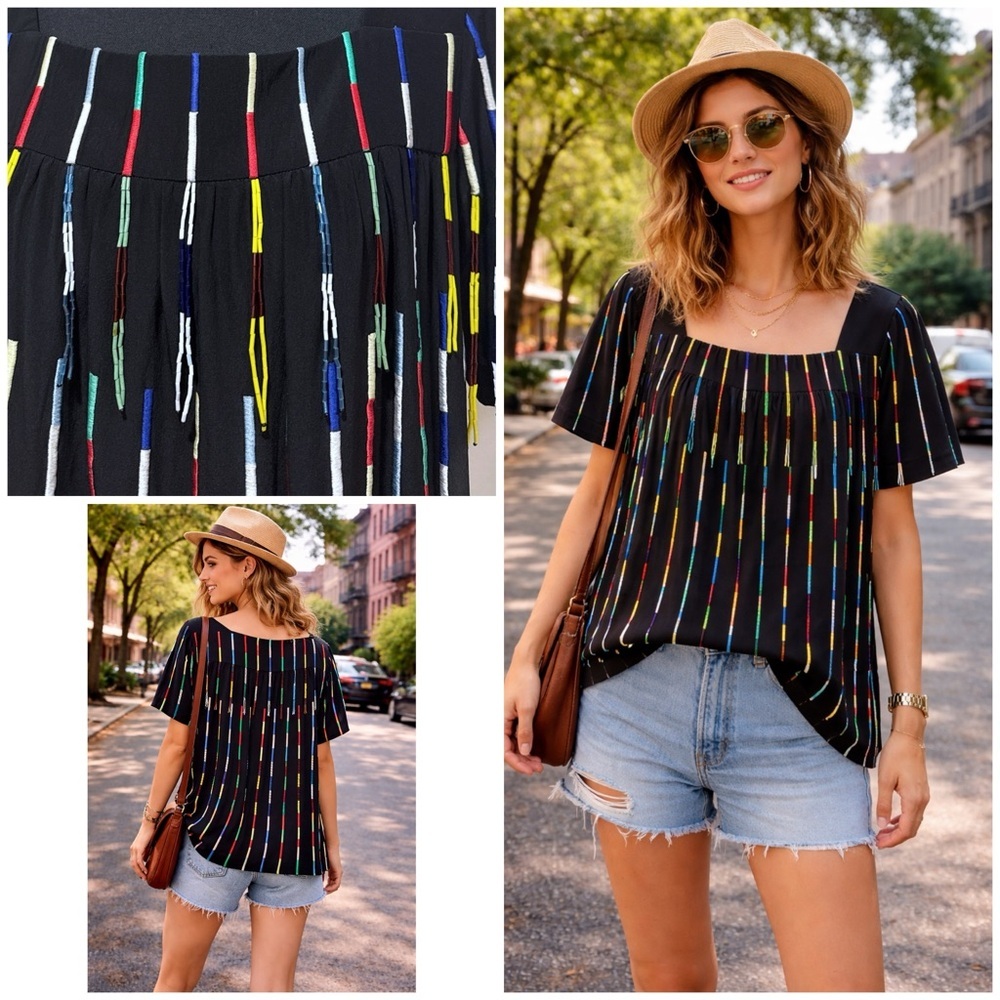 EUC SUNO 100% Silk  Multicolor Beded Beads Stripes Squareneck Black Top Blouse​